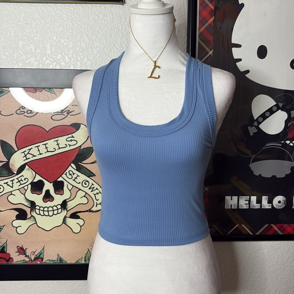 Jova Blue Ribbed Cropped Racerback Tank Top Neutral Basic Casual